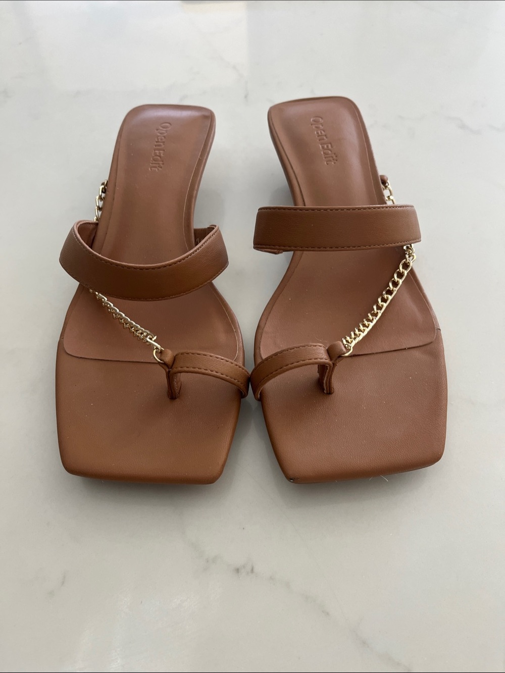 OP Tan Square-Toe Toe-Loop Sandals with Gold Chain
